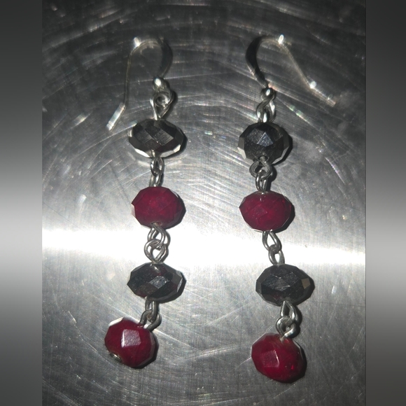Silver and Red Beaded Dangle Earrings - Picture 3 of 5